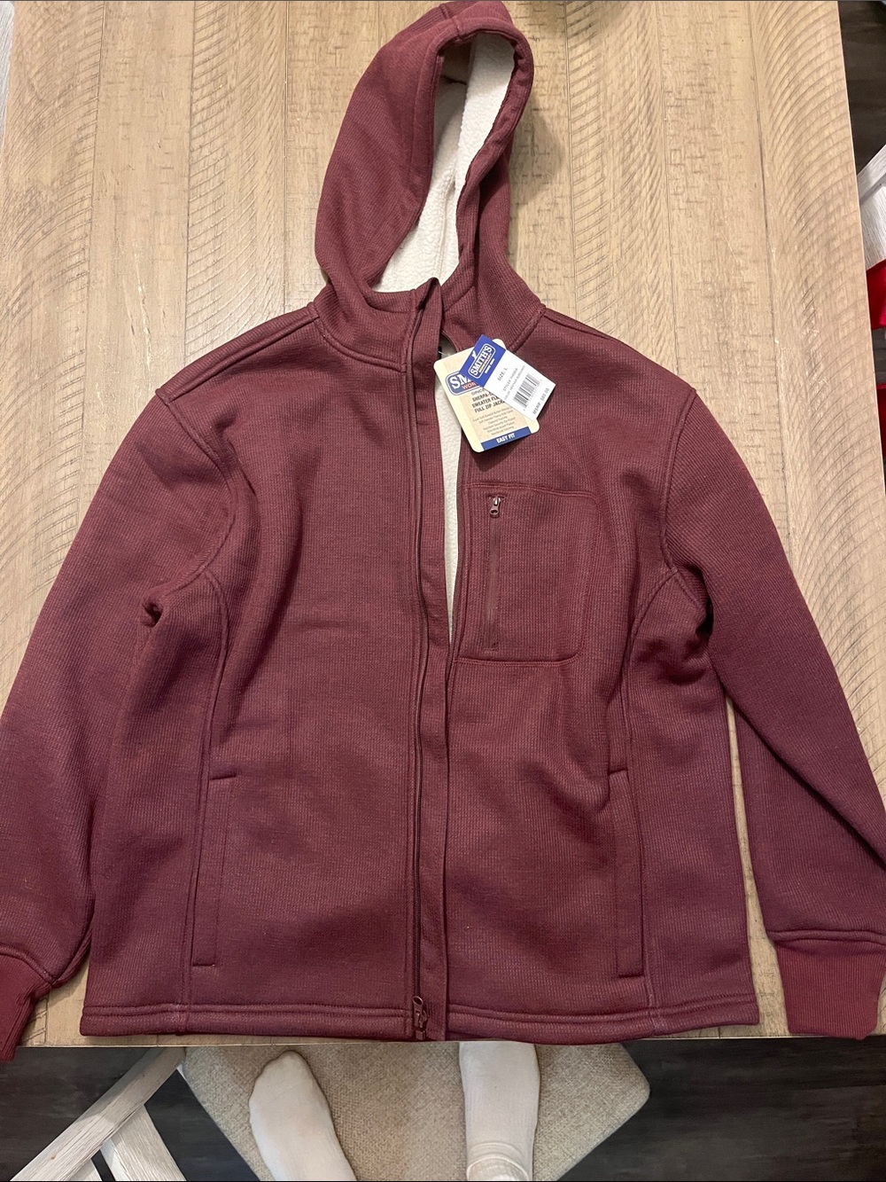 Men's Hooded Zip Jacket in Burgundy - Sherpa-lined Jacket